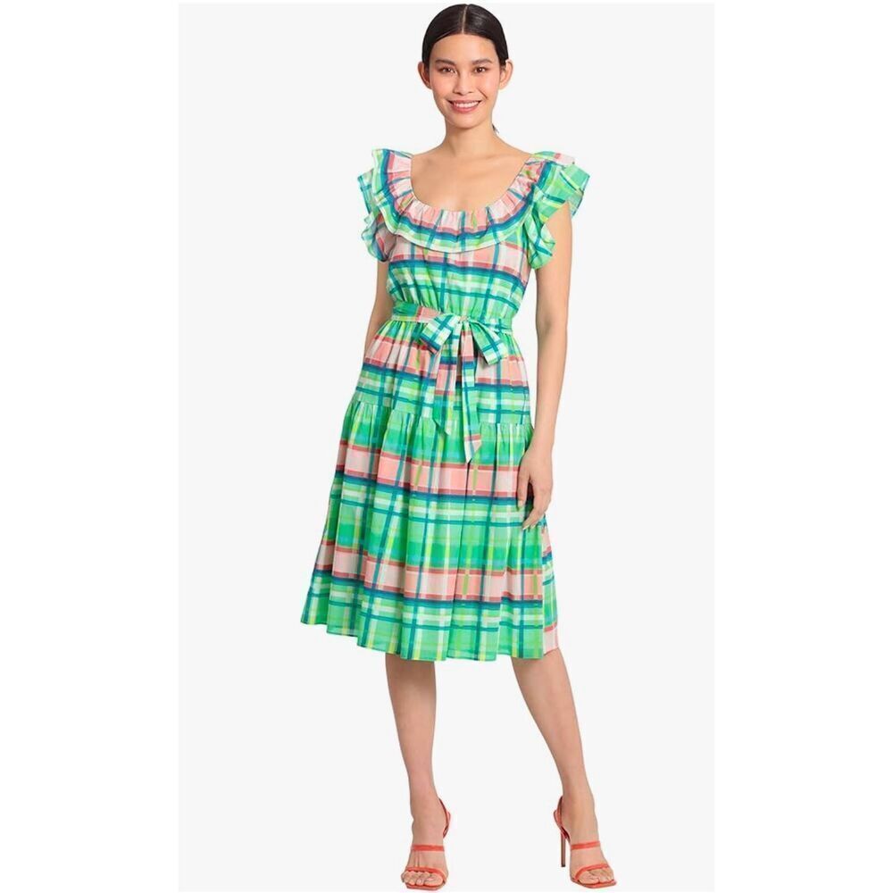 Maggy London Women's Ruffle Scoop Neck Waist Tie Tiered Skirt Dress